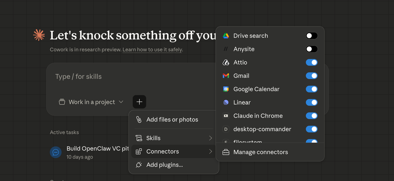 Cowork connectors panel with Gmail, Google Calendar, Attio, Anysite, and others toggled on