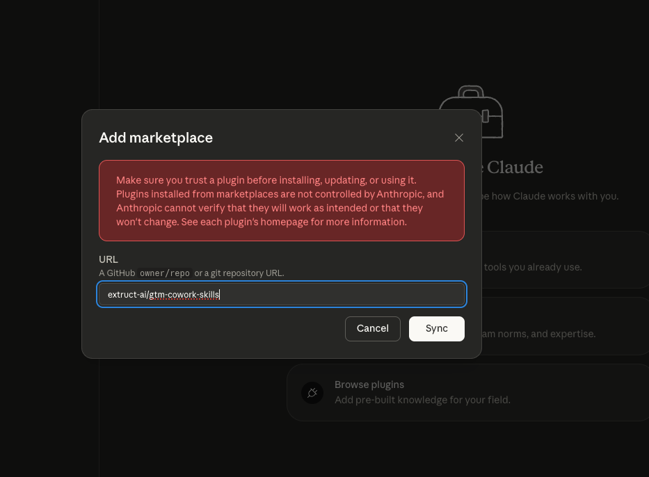 Add marketplace modal with the extruct-ai/gtm-cowork-skills repo pasted in