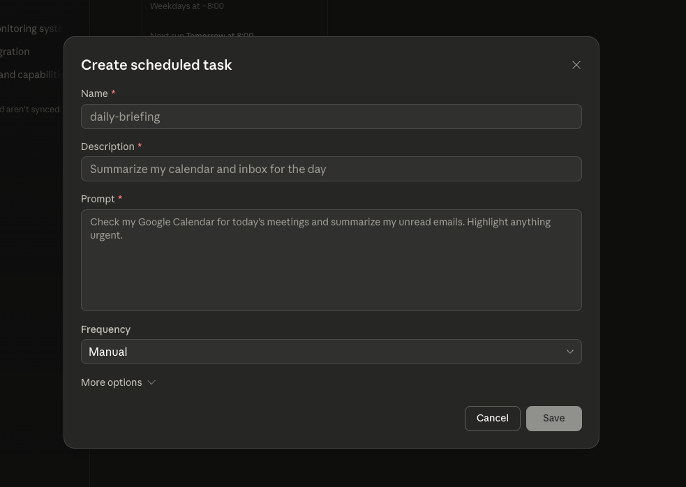 Create scheduled task modal in Cowork with name, description, prompt, frequency